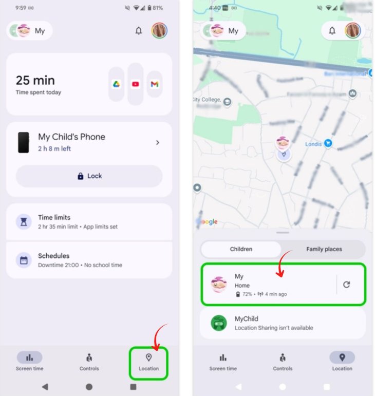 Voir la localisation enfant Famliy Link
