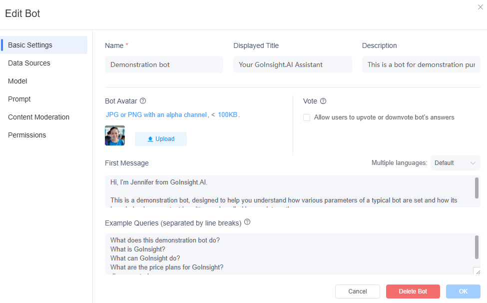 edit basic settings of quick bot
