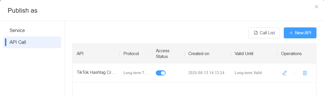 The published API will appear in the API Call List