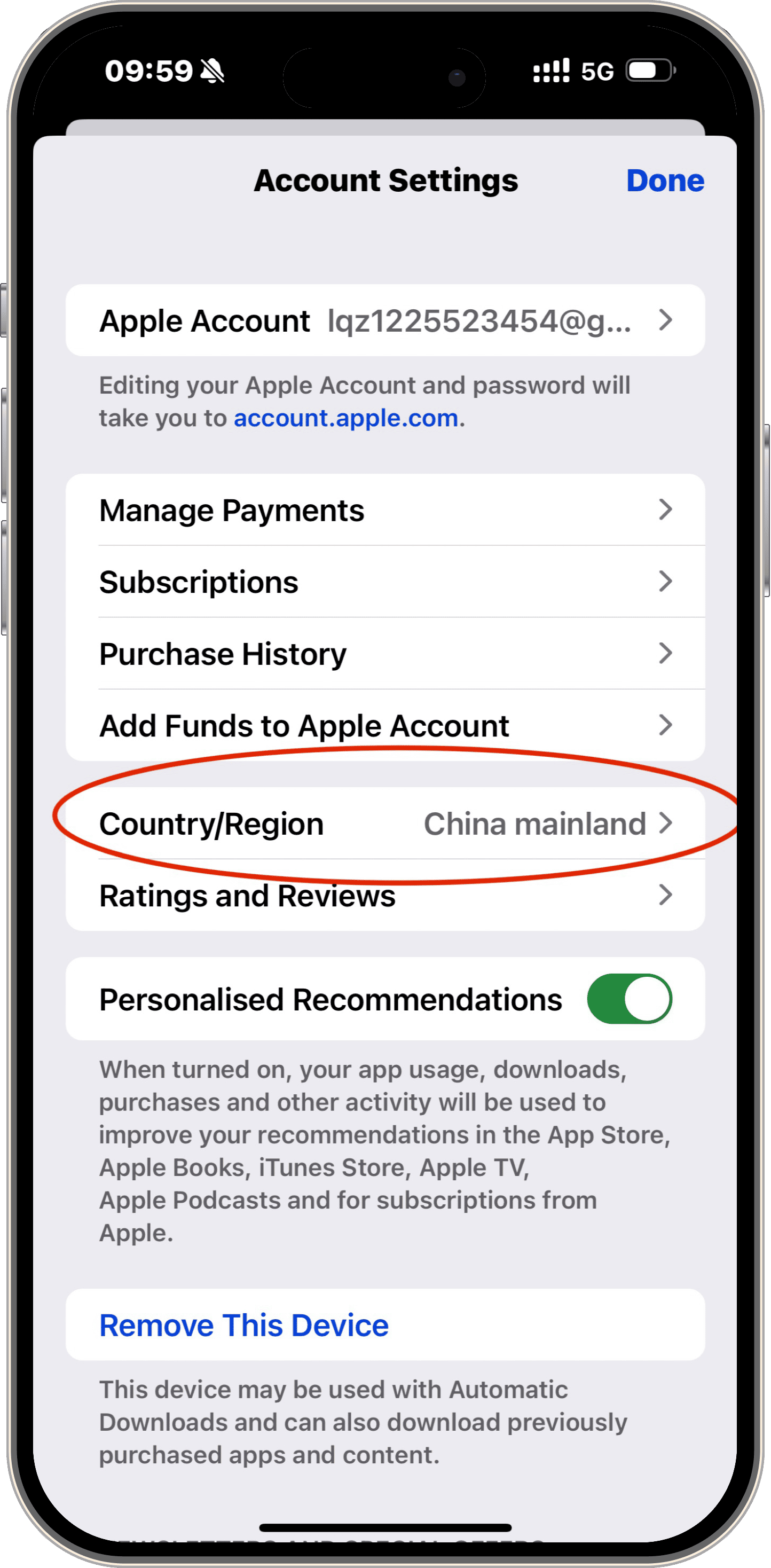 account settings for country