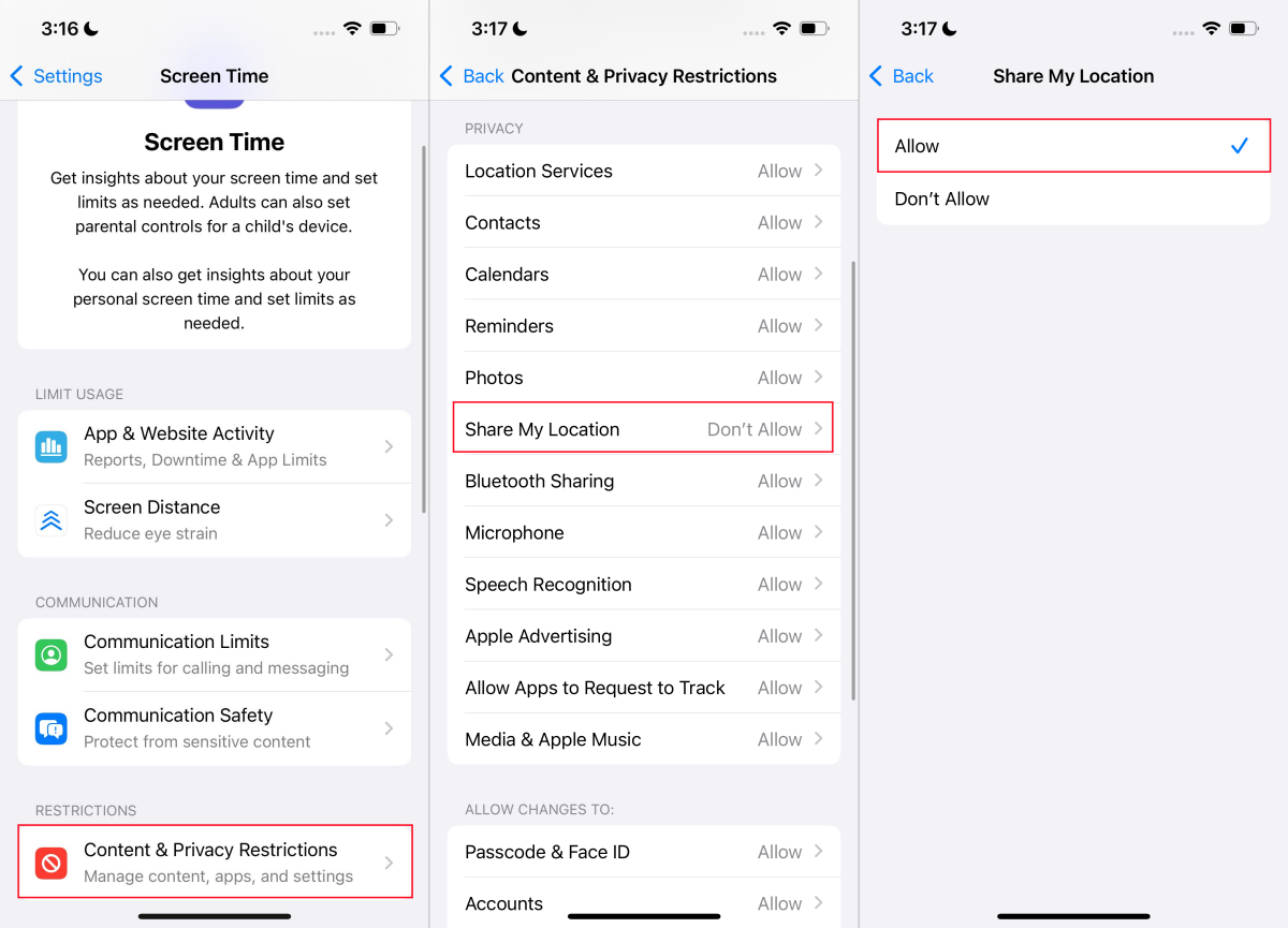 allow share my location in Screen Time