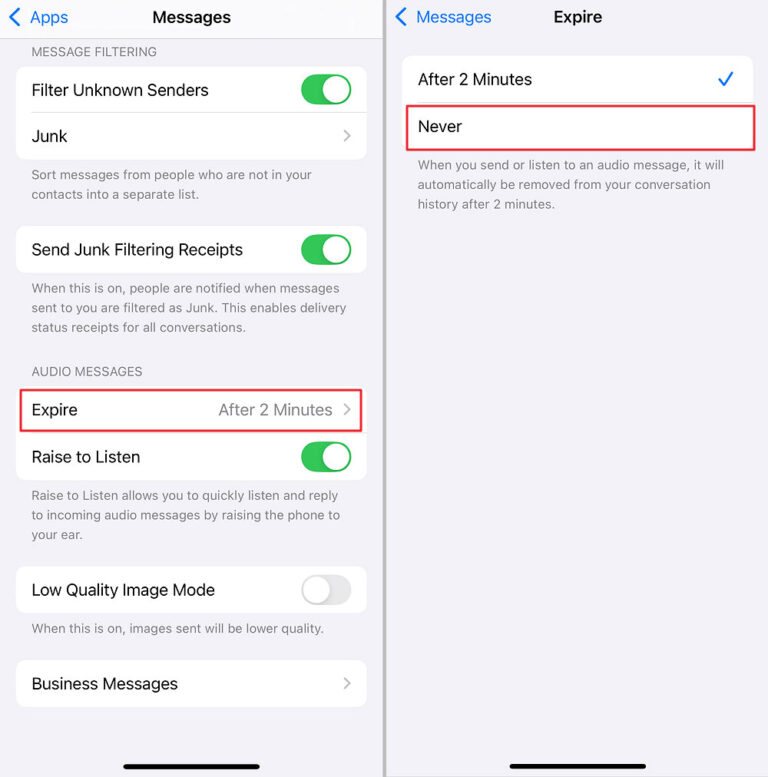 change Audio Messages expire time