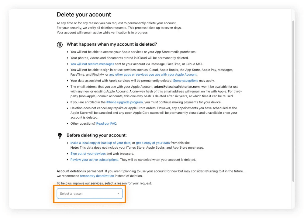 choose reason for deleting account