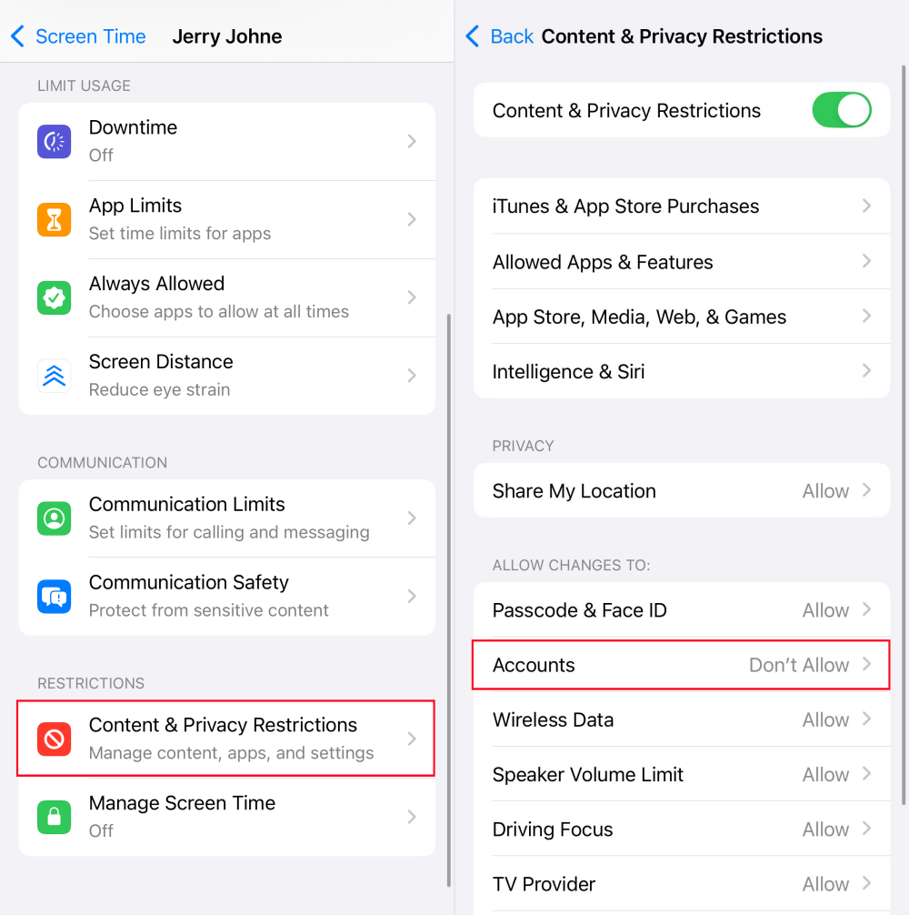 disable Apple account changes