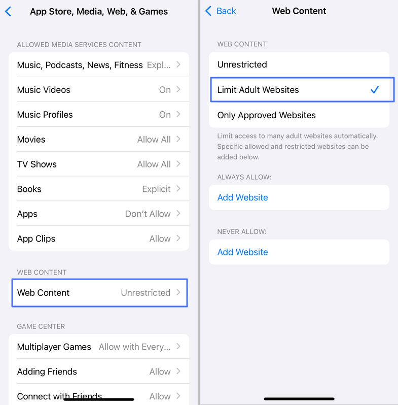 limit adult websites on iPhone
