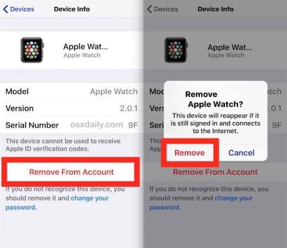 remove Apple Watch from account on Find My