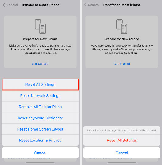 tap Reset all settings