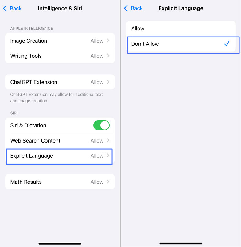 restrict Siri show explicit language