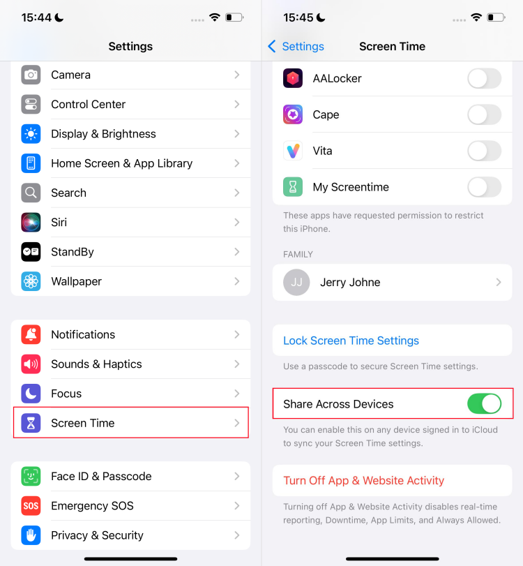Screen Time sharing across devices