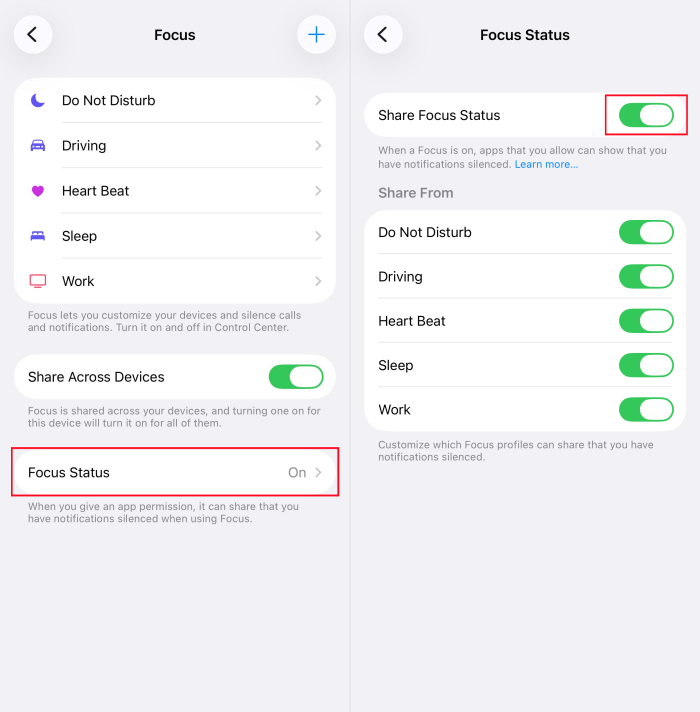 Disattivare Share Focus su iPhone