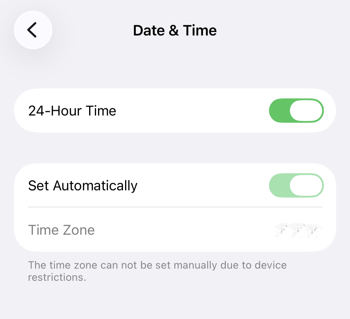 time zone can't be set manually due to device restrictions