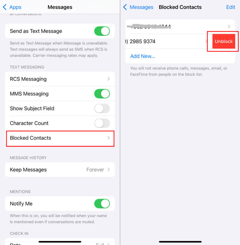 unblock a contact on iPhone