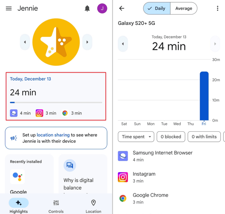 view activity report on Family Link