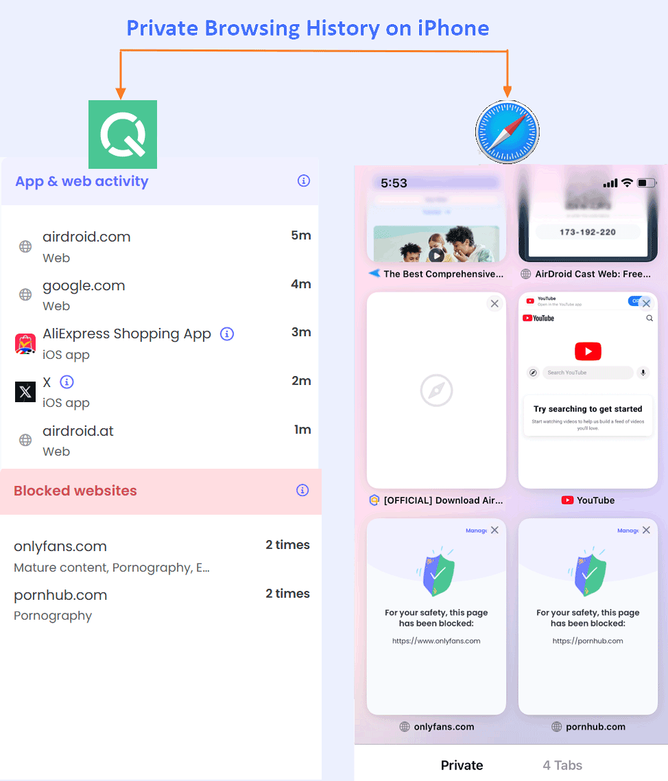  view Private Browsing history on iPhone: Qustodio performance
