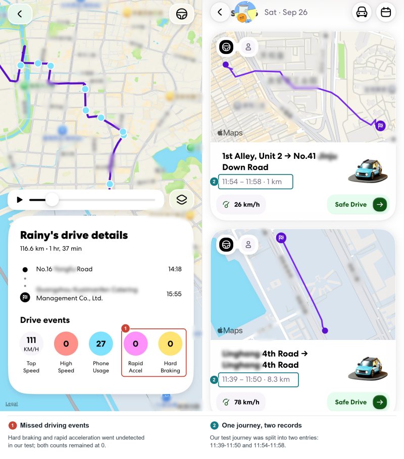 Life360 test: missed driving events and split trips