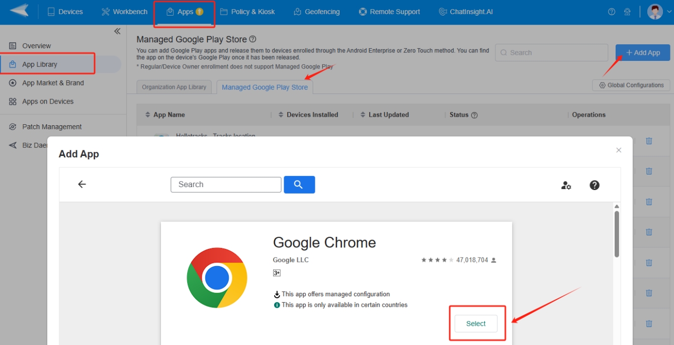 Add Chrome to managed google play