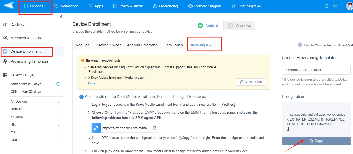 Copy the configuration code