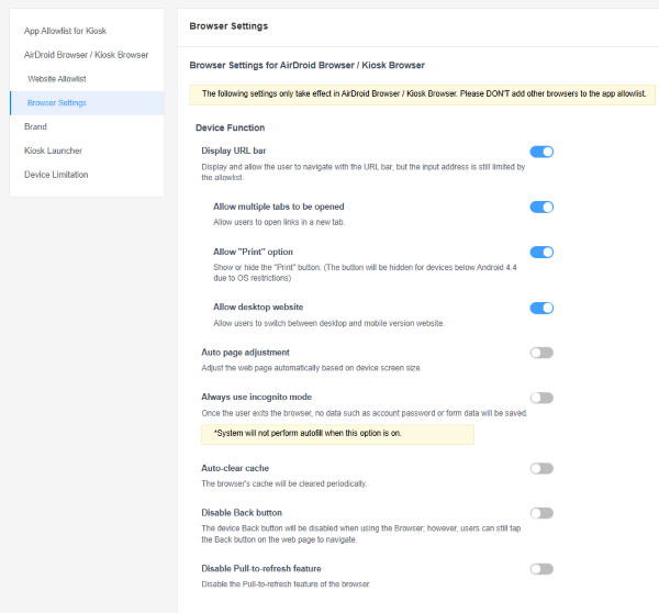 airdroid web kiosk browser configurations