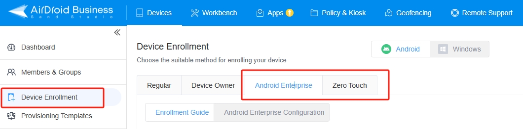 enroll devices via Android Enterprise or Zero Touch