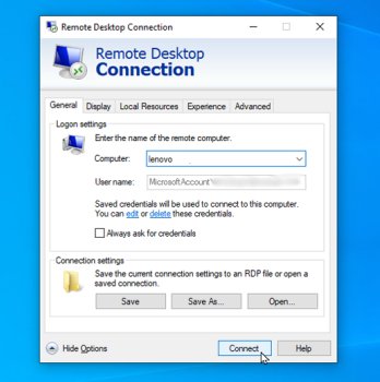 enter required credentials for remote desktop connection