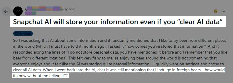 Reddit user say Snapchat AI stores data