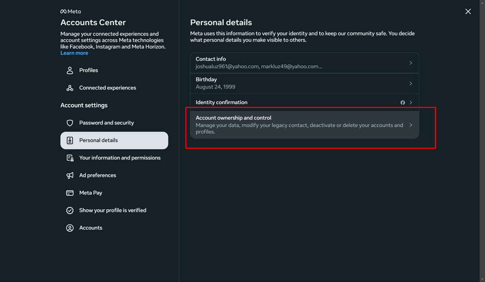 Account ownership and control on Facebook