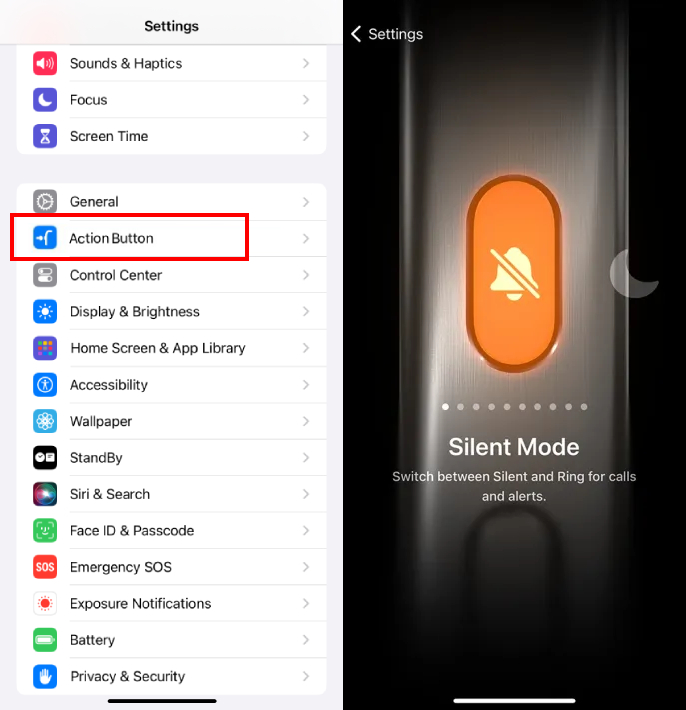 set up silent mode in action button