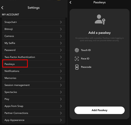add a passkey for Snapchat