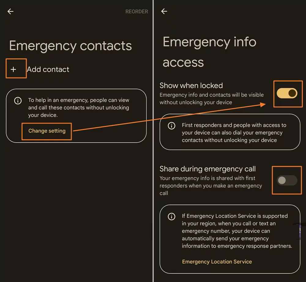 add emergency contacts and enable related settings