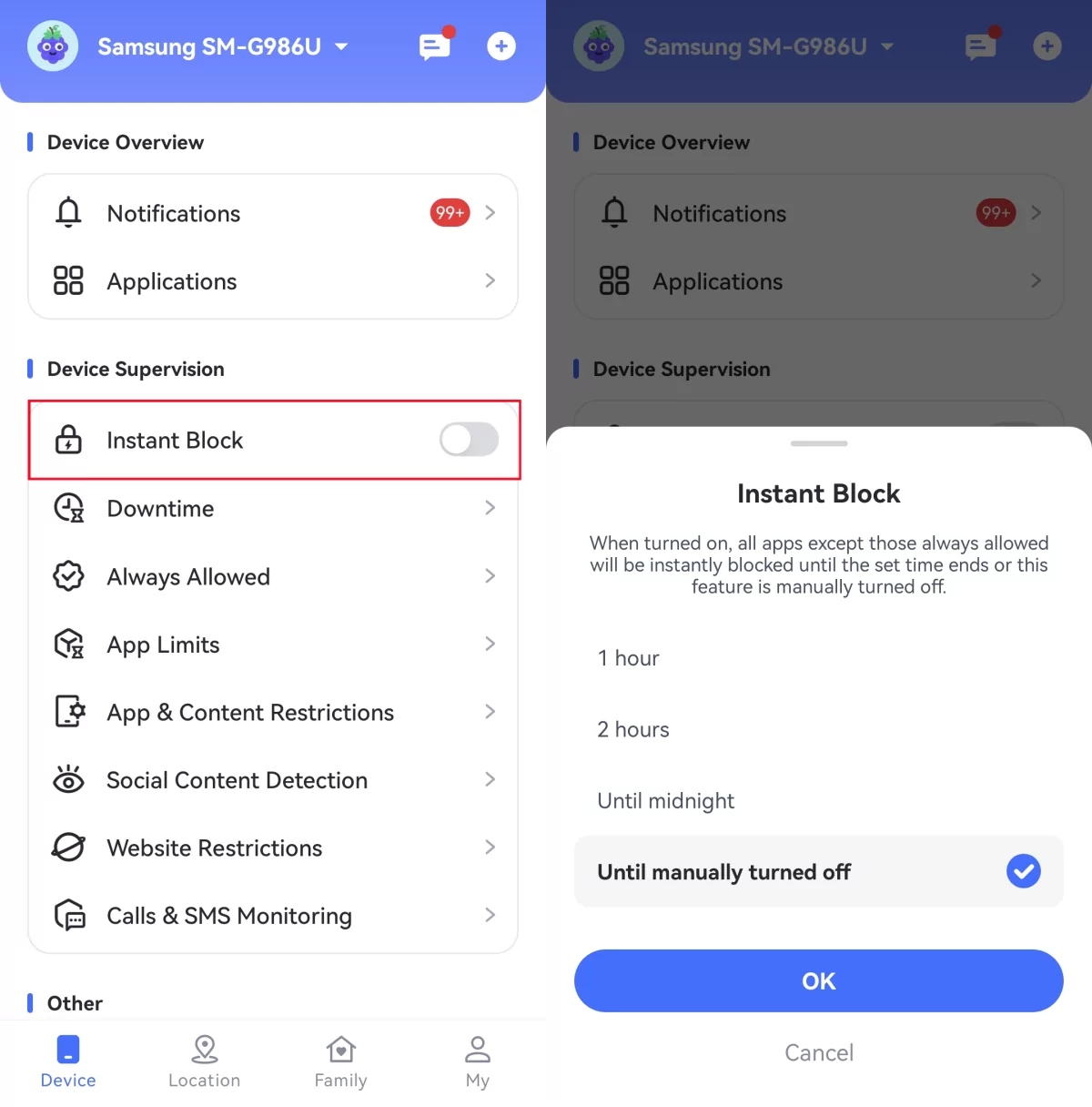 AirDroid Parental Control Mobile Phone Instant Block function