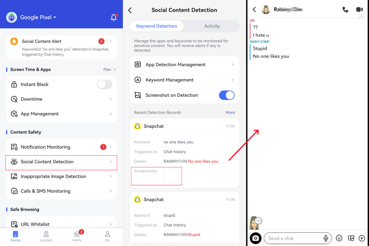 AirDroid Snapchat content detection
