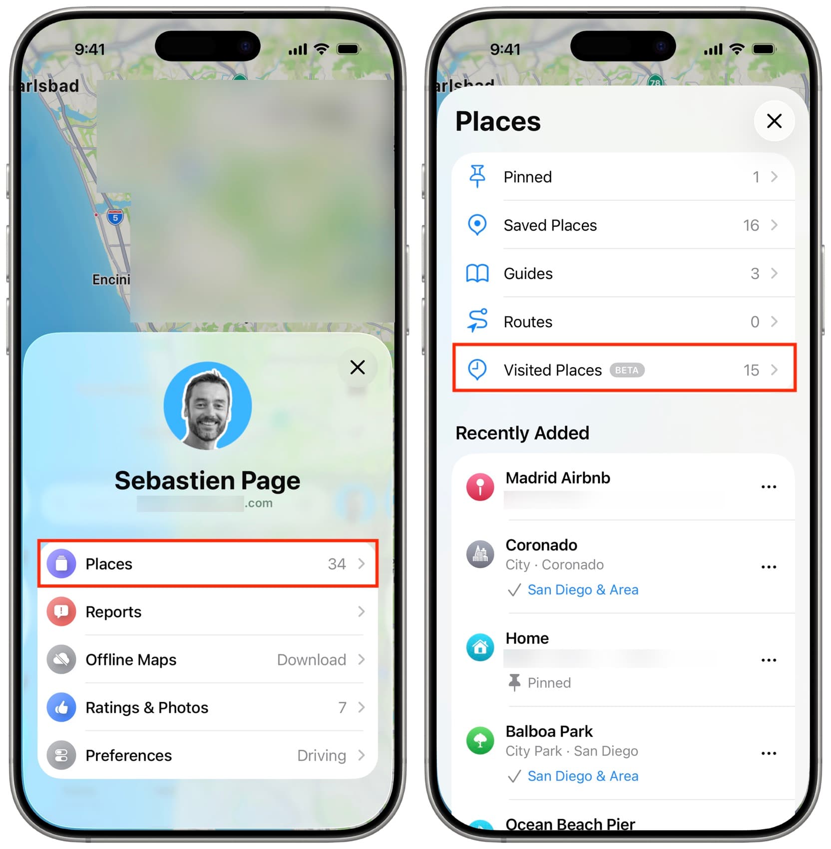 Apple Maps visited places on iPhone