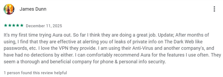 Aura online safety features and digital security reviews on Google Play