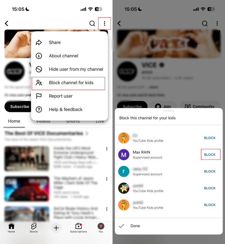 block channel on YouTube for supervised kid account