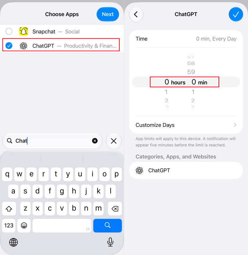 block ChatGPT app on iPhone by setting time limits to zero