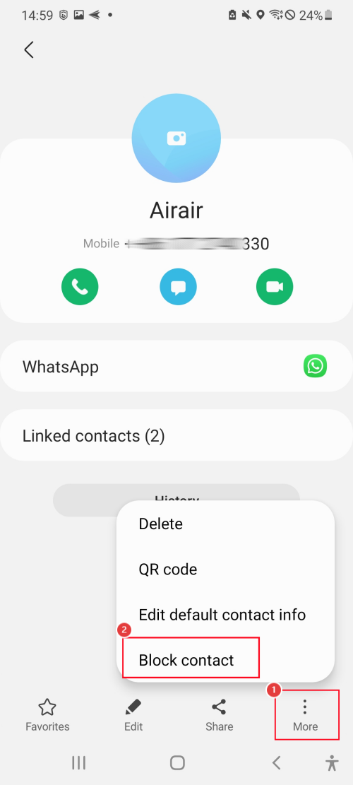 block messages on Samsung via Contacts