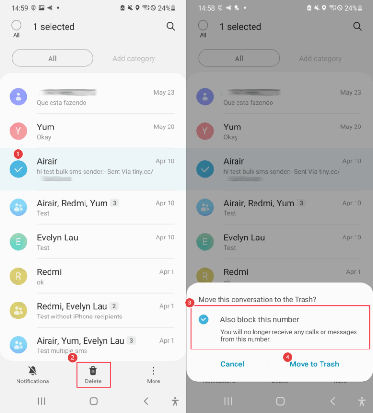 block messages on Samsung via Messages