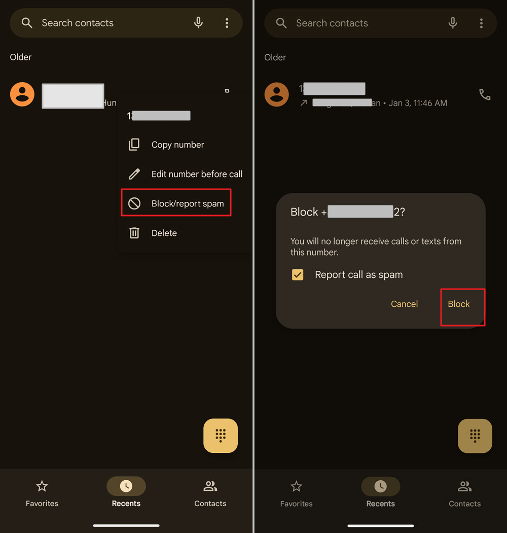 block the phone number on Android