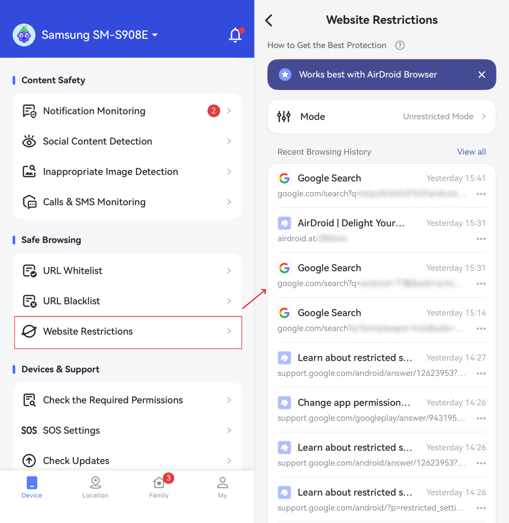 check browsing history in AirDroid