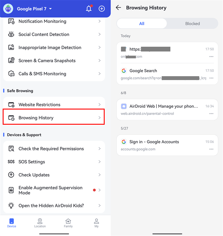 check browsing history in AirDroid