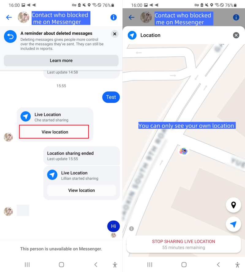 can you see location after being blocke on messenger