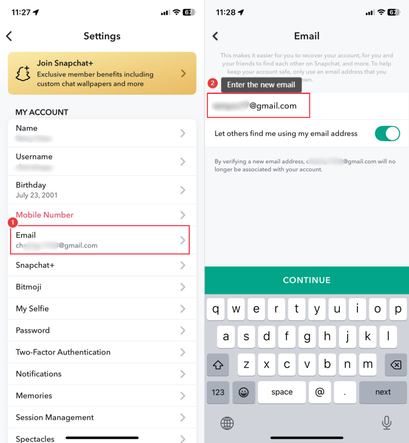 change email address on Snapchat