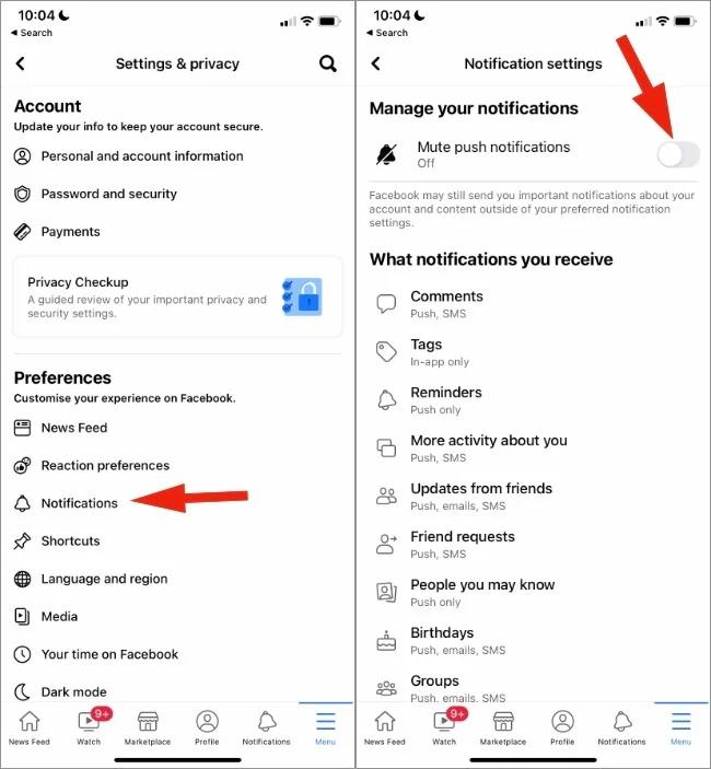 change facebook notification settings