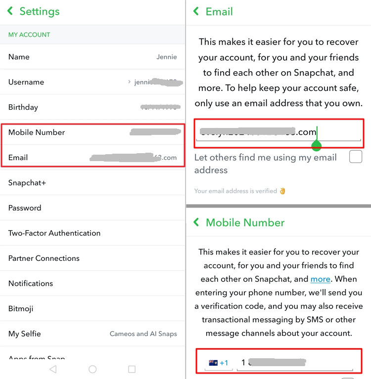 change Snapchat linked email or phone number