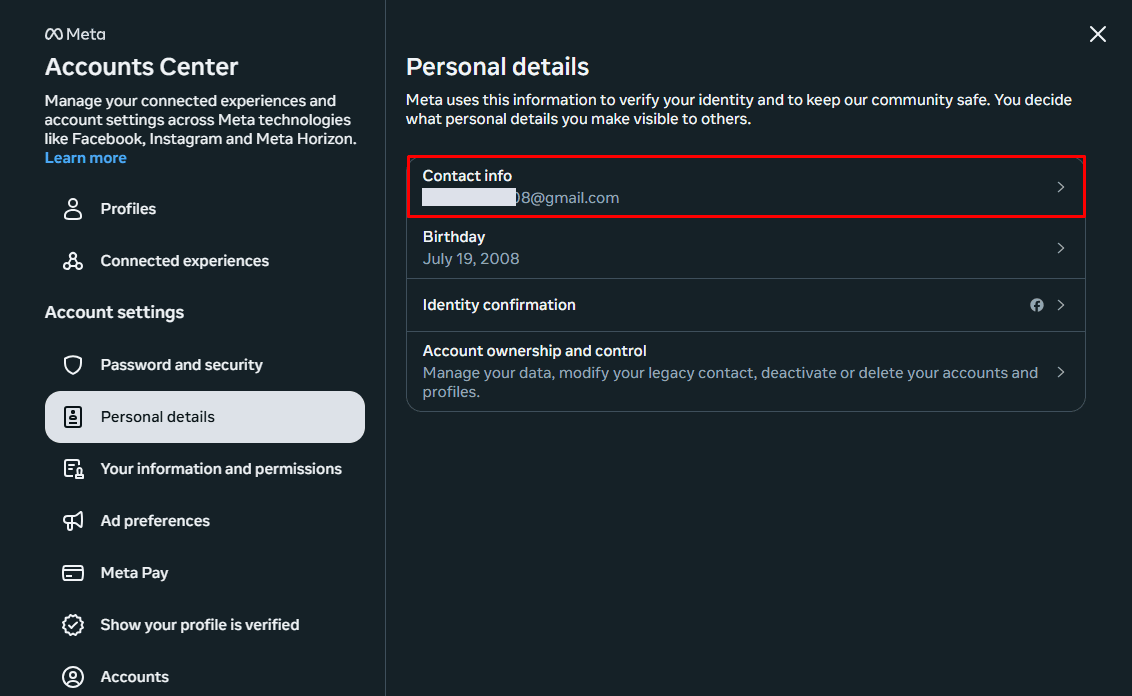 Changing your email from Accounts Center on desktop 1