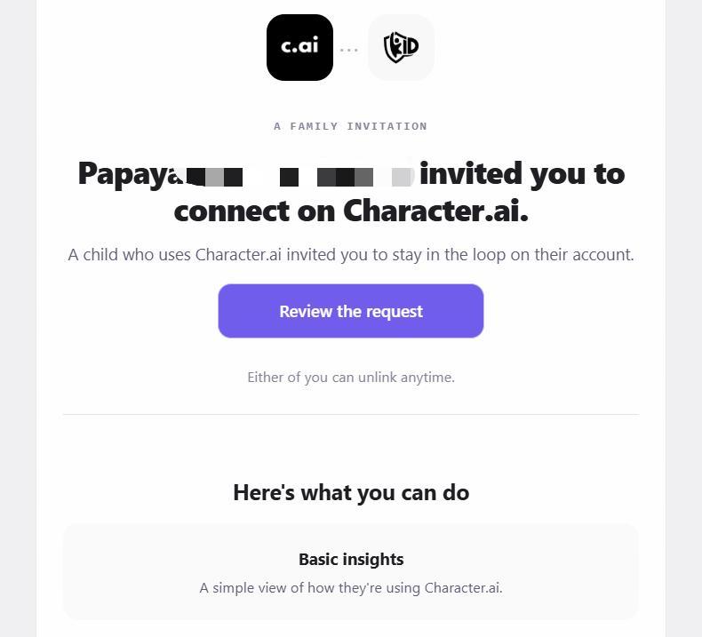 Character AI email invitation to parental controls