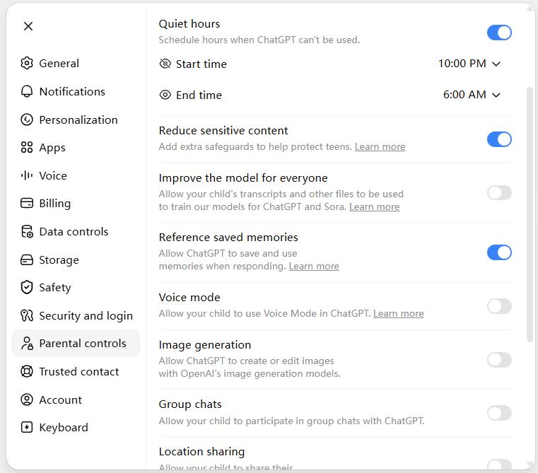 ChatGPT parental control options