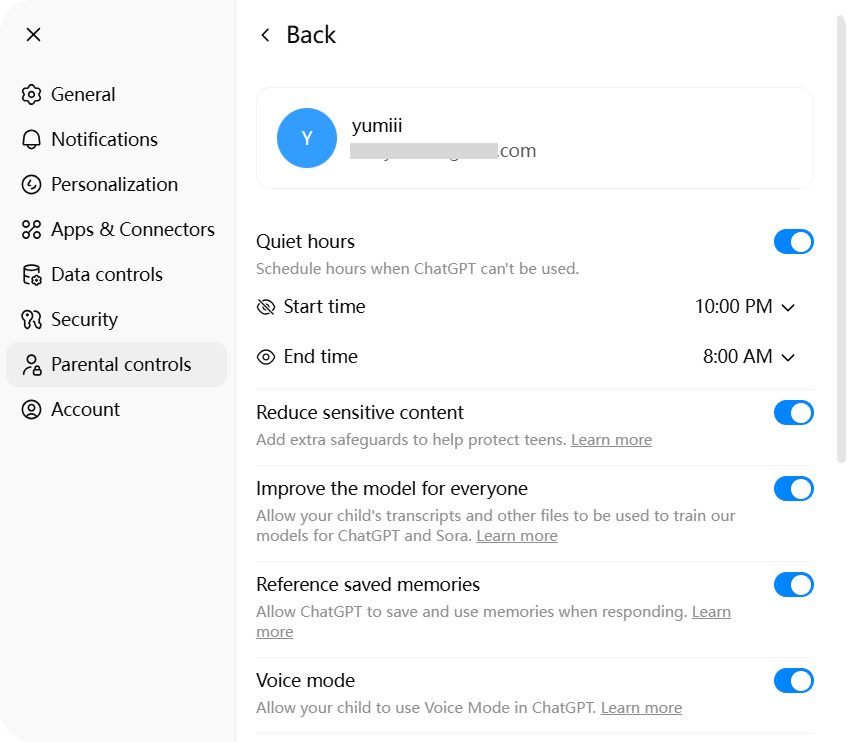 features of ChatGPT Parental Controls