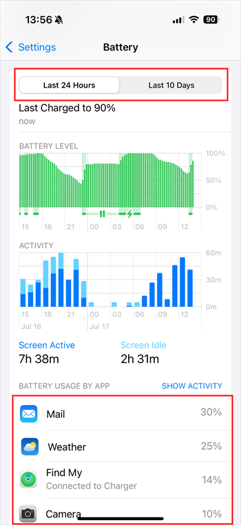 Check iOS Battery Usage by app in setting