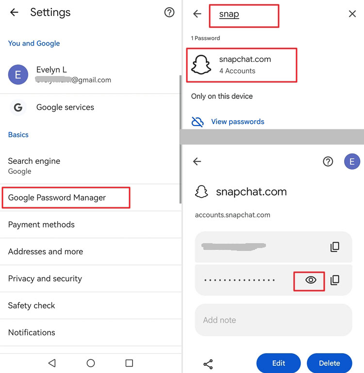 check saved Snapchat password from Google Password Manager on Android